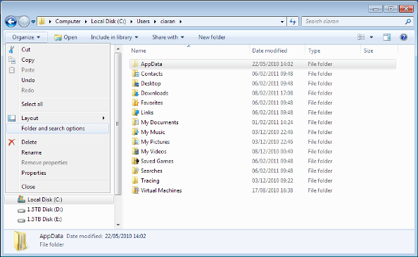 Organise | Folders and search options (Windows 7)